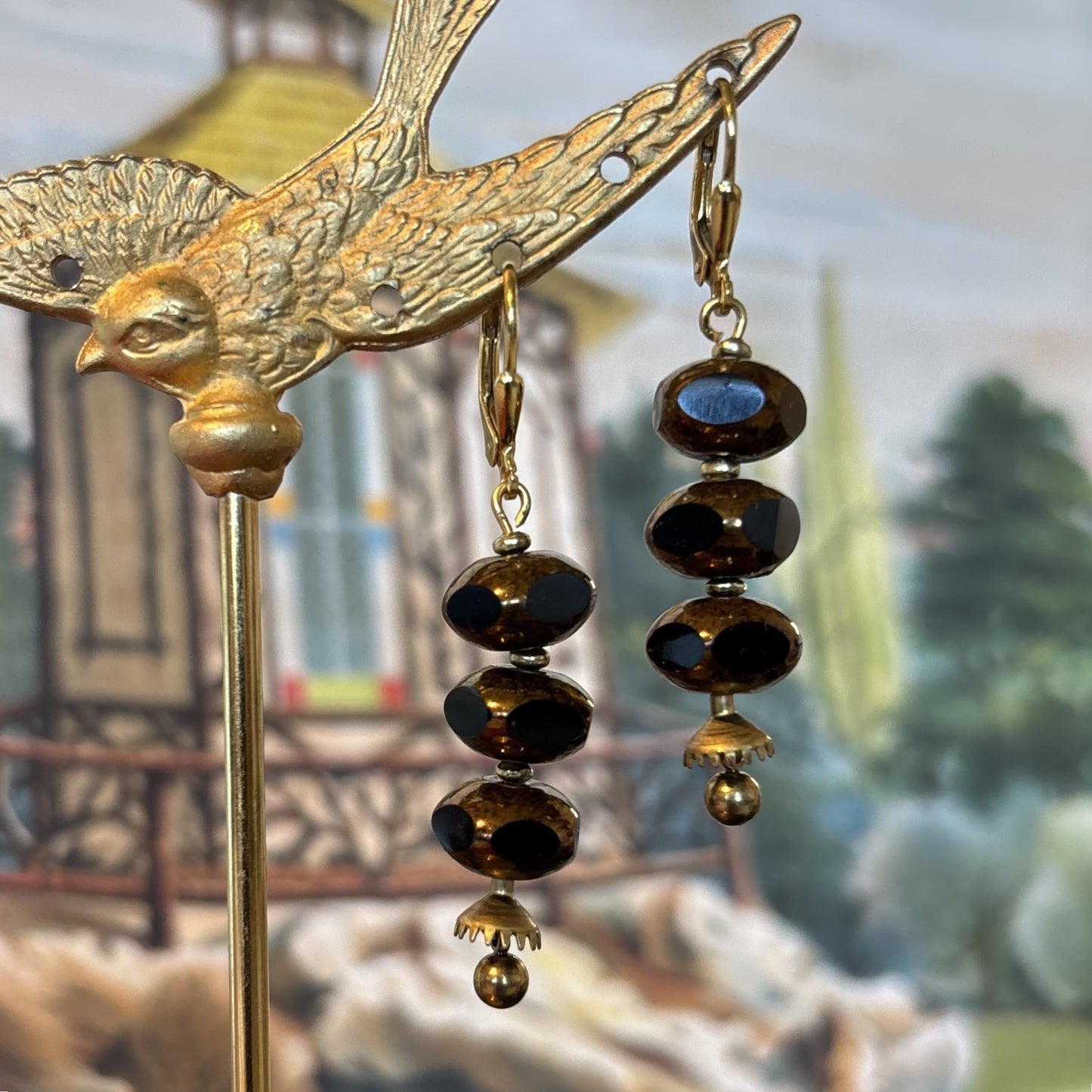 Tiered Black Rondelle & Brass Bead Earrings