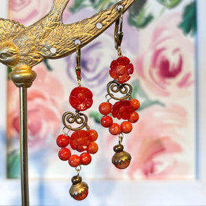 Red Rosettes & Beads with Brass Drop Earrings