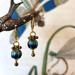 Bright Blue Enamel Petal Balls & Brass Earrings