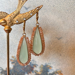Aqua Chalcedony Teardrop Earrings with Sunstone