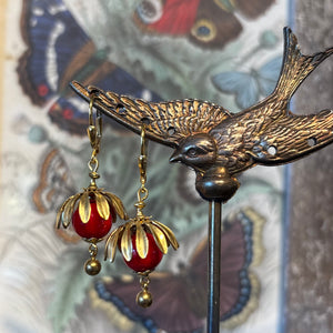 Red Bead with Brass Cap Earrings