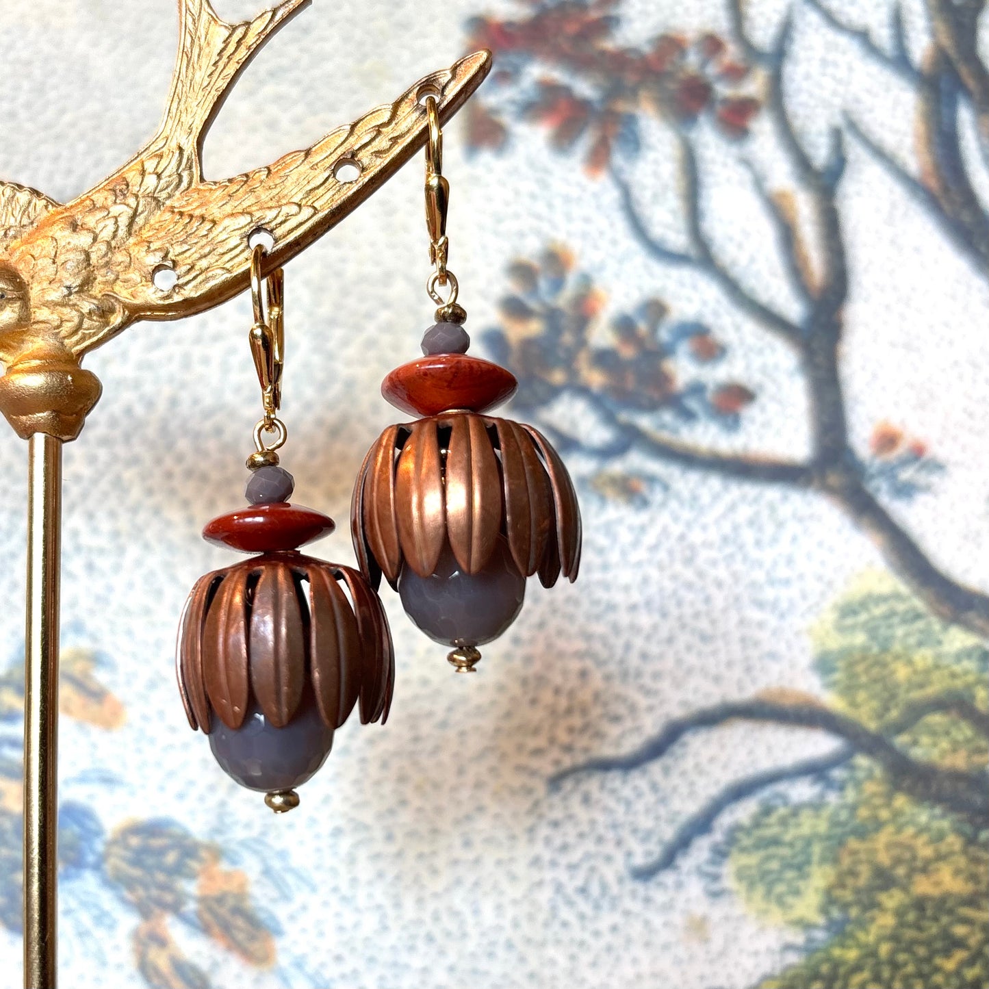 Rose Quartz Brass Caps Red Beads Earrings