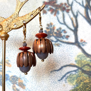 Rose Quartz Brass Caps Red Beads Earrings