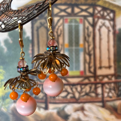 Creamsicle Chadelier with Cherry Quartz & Brass Earrings