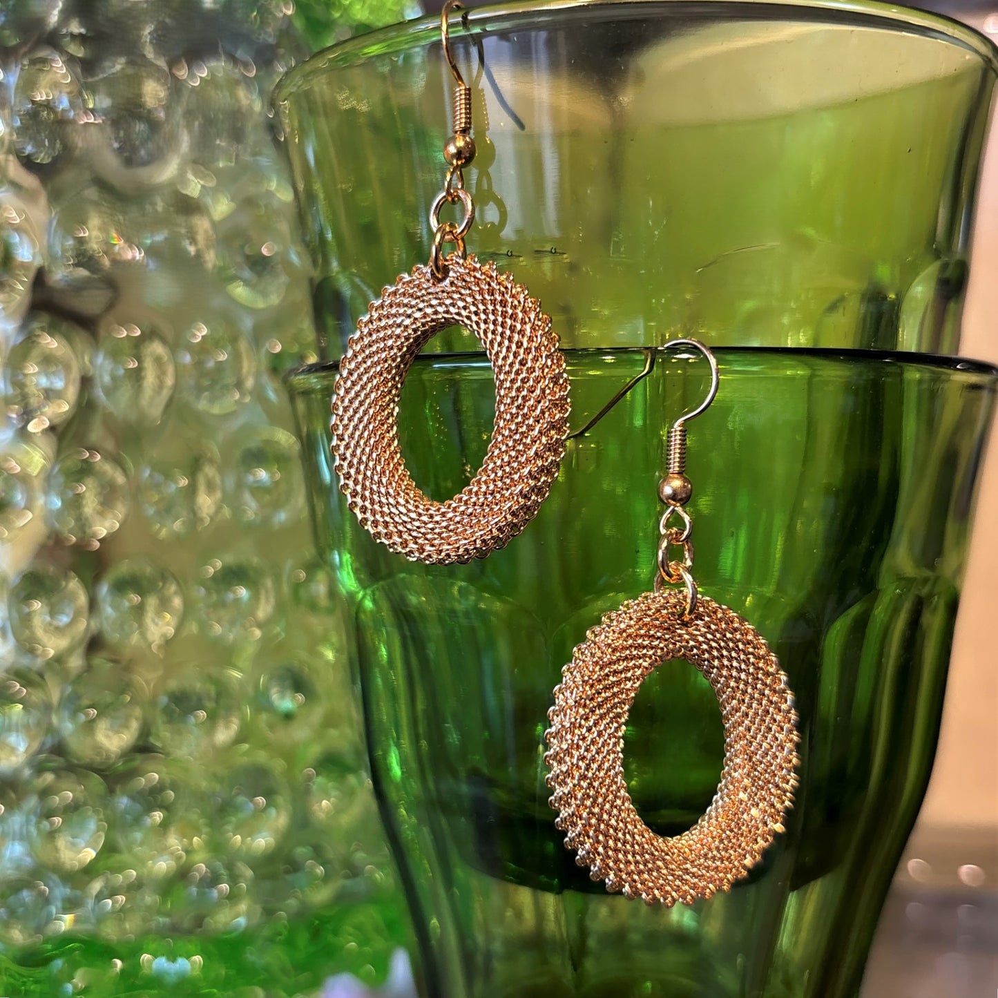 Flat Oval Gold Mesh Drop Earrings
