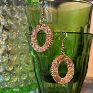 Flat Oval Gold Mesh Drop Earrings