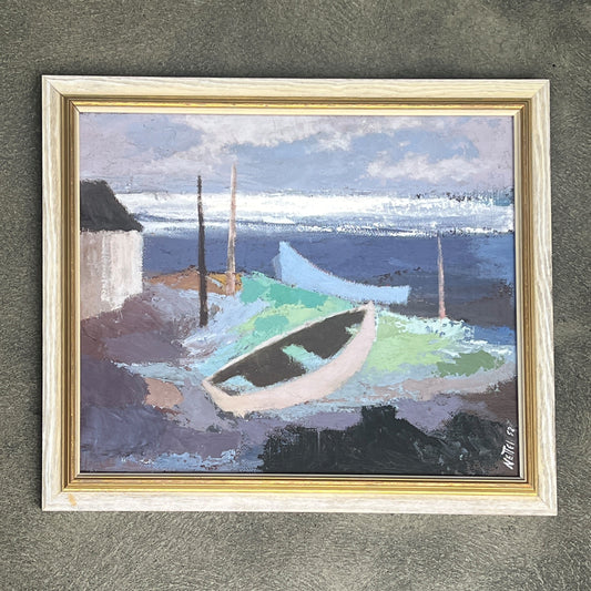 Vintage Boats Resting on Shore Oil Painting