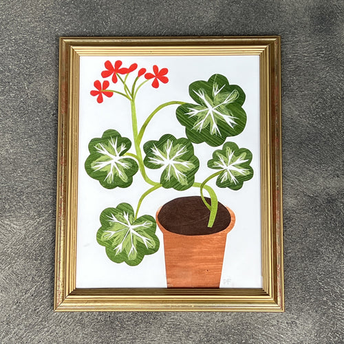 Red Geranium in Clay Pot with Vintage Frame No. 01 by Denise Fiedler