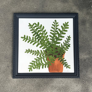 Fern in Clay Pot Right with Vintage Frame by Denise Fiedler