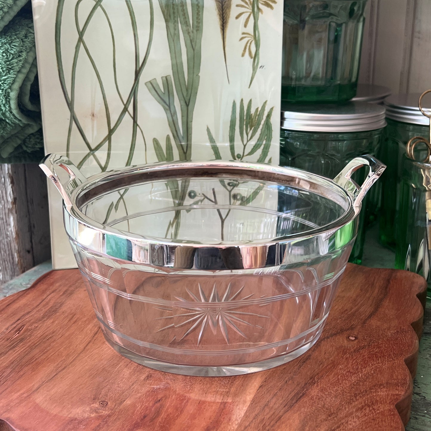 Vintage Hotel Silver Glass Bowl with Tab Handles