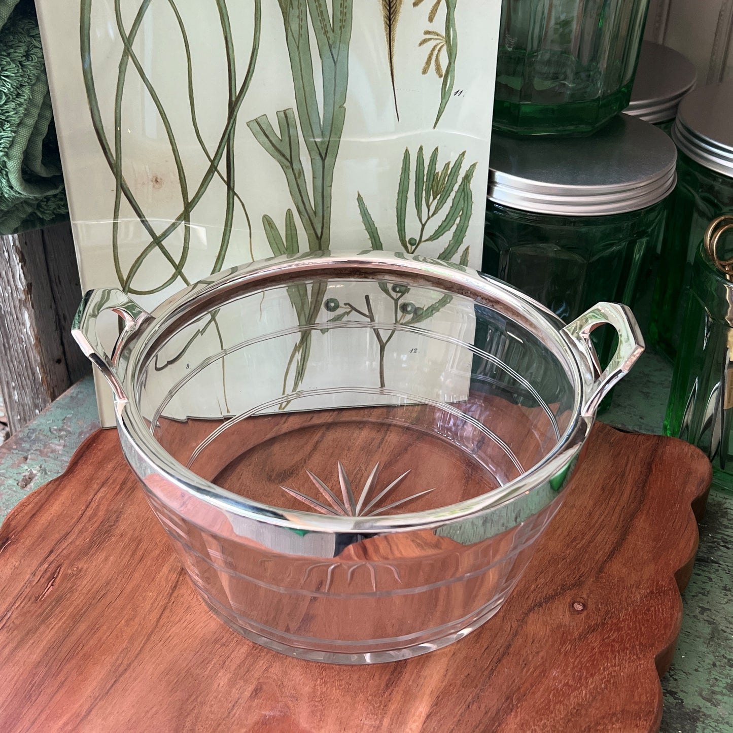 Vintage Hotel Silver Glass Bowl with Tab Handles