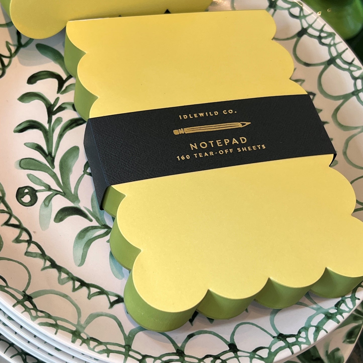 Chartreuse Notepad with Olive Scalloped Edges