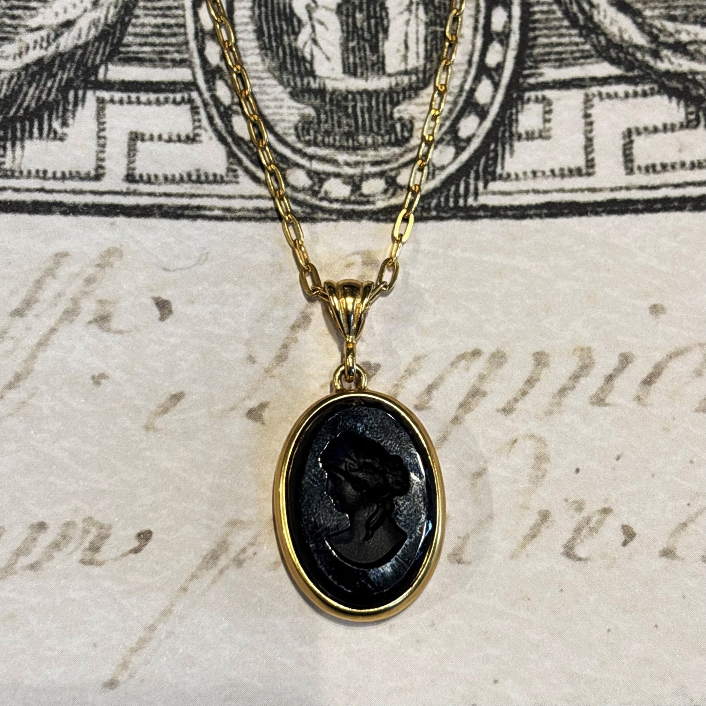 Oval Jet Intaglio Pendant Necklace
