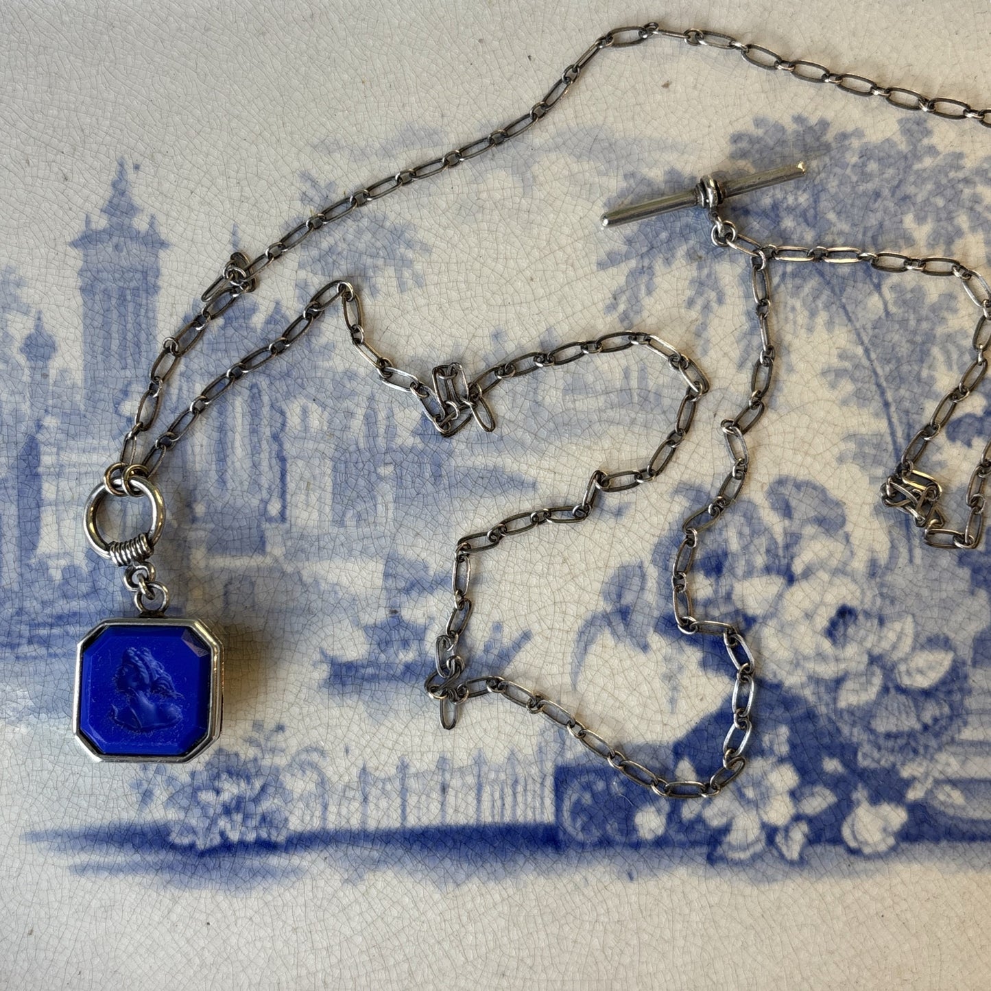 French Blue Octagon Necklace with Sterling Chain