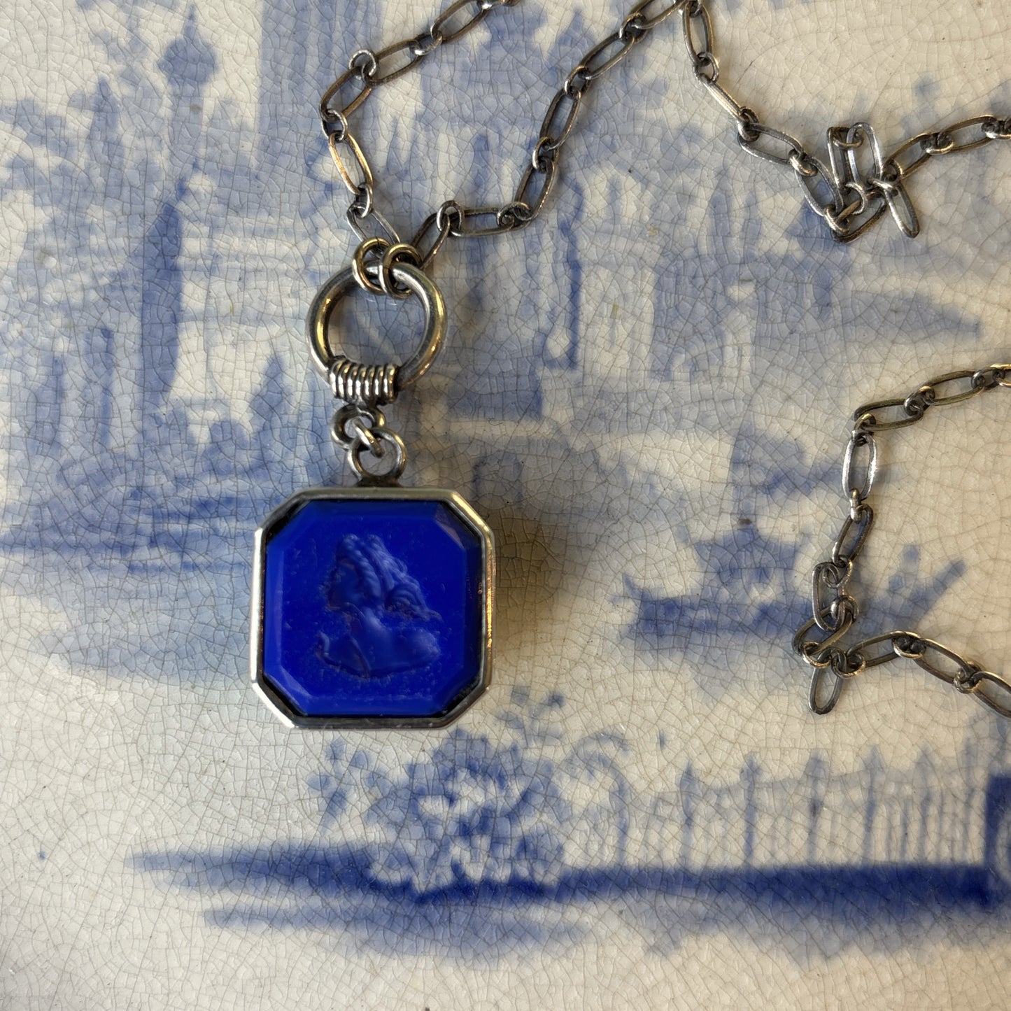 French Blue Octagon Necklace with Sterling Chain