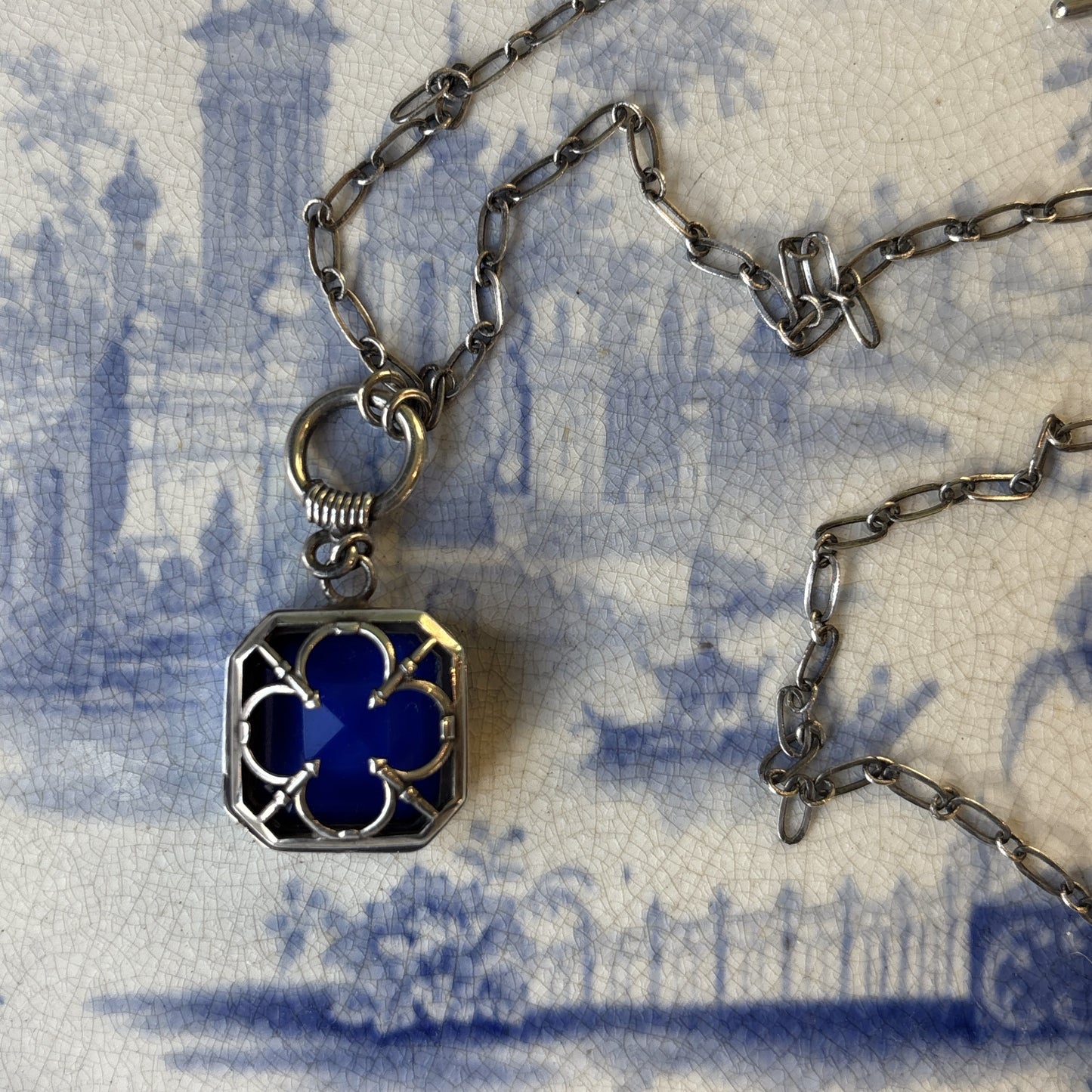 French Blue Octagon Necklace with Sterling Chain