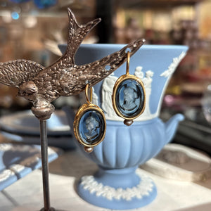 Deep Blue Intaglio Earrings with Pearl