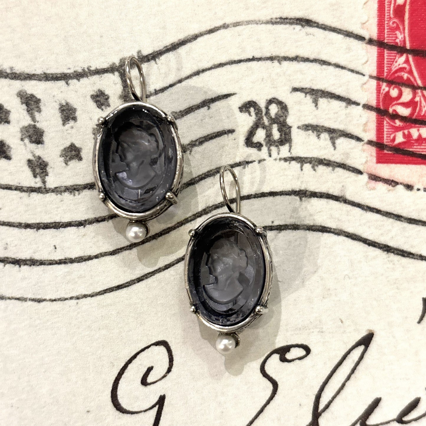 Periwinkle Intaglio Earrings with Pearl, Sterling Silver