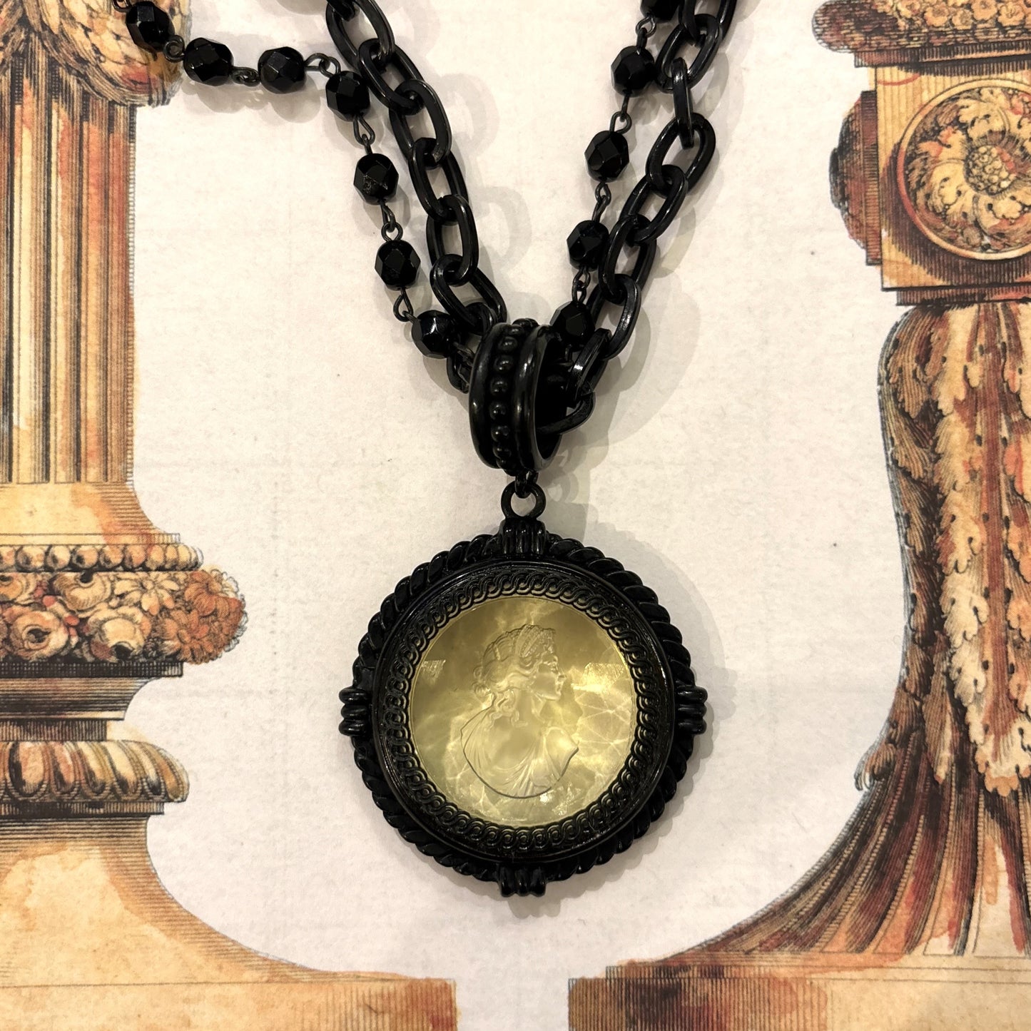 Lemon Intaglio with Jet Double Chain Necklace