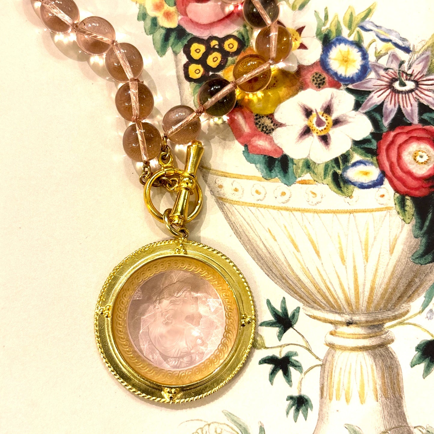 Petal Pink Intaglio with Pink Glass Beads Necklace