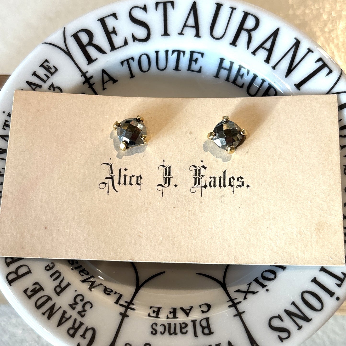 Small Four Prong Earrings, Pyrite