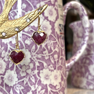 Faceted Ruby Heart with Gold Wrap Earrings