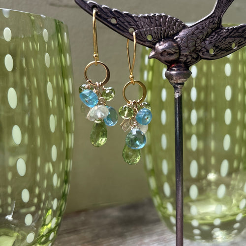 Peridot Drop, Green Cluster Earrings