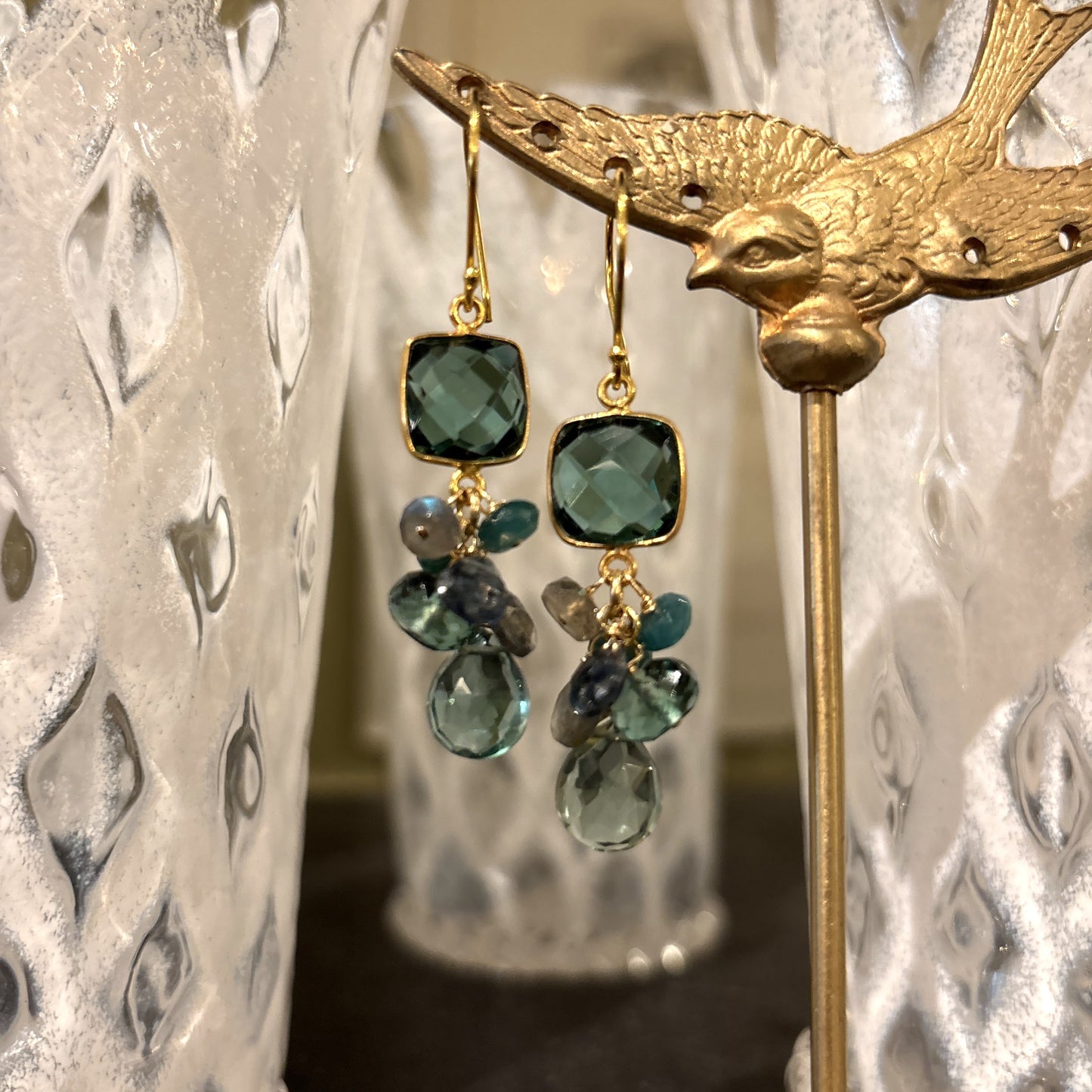 Square Green Quartz Drop with Labradorite Bead Earrings