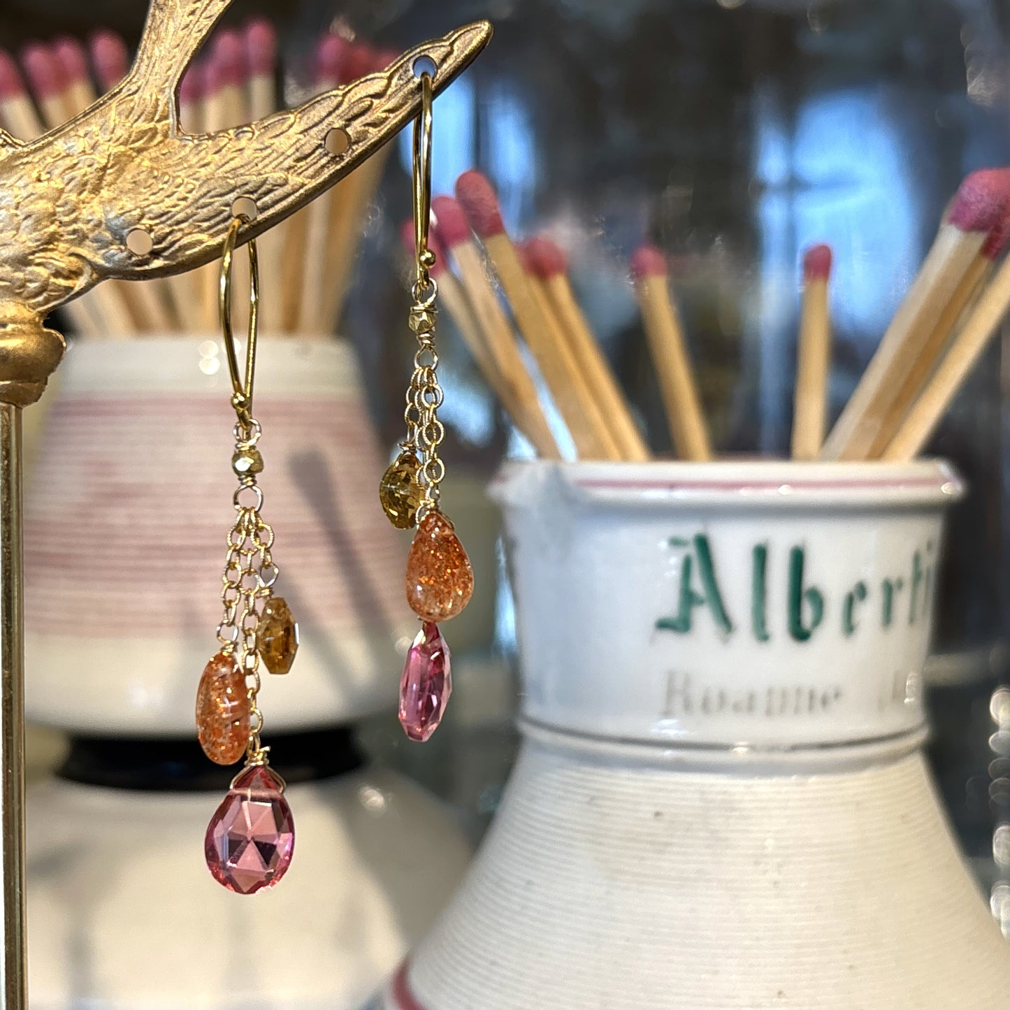 Rubellite, Sunstone & Citrine Chain Drop Earrings