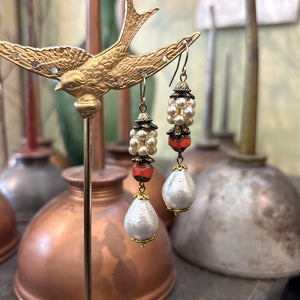 Brass Capped Pearl Stack With Red Bead Earrings