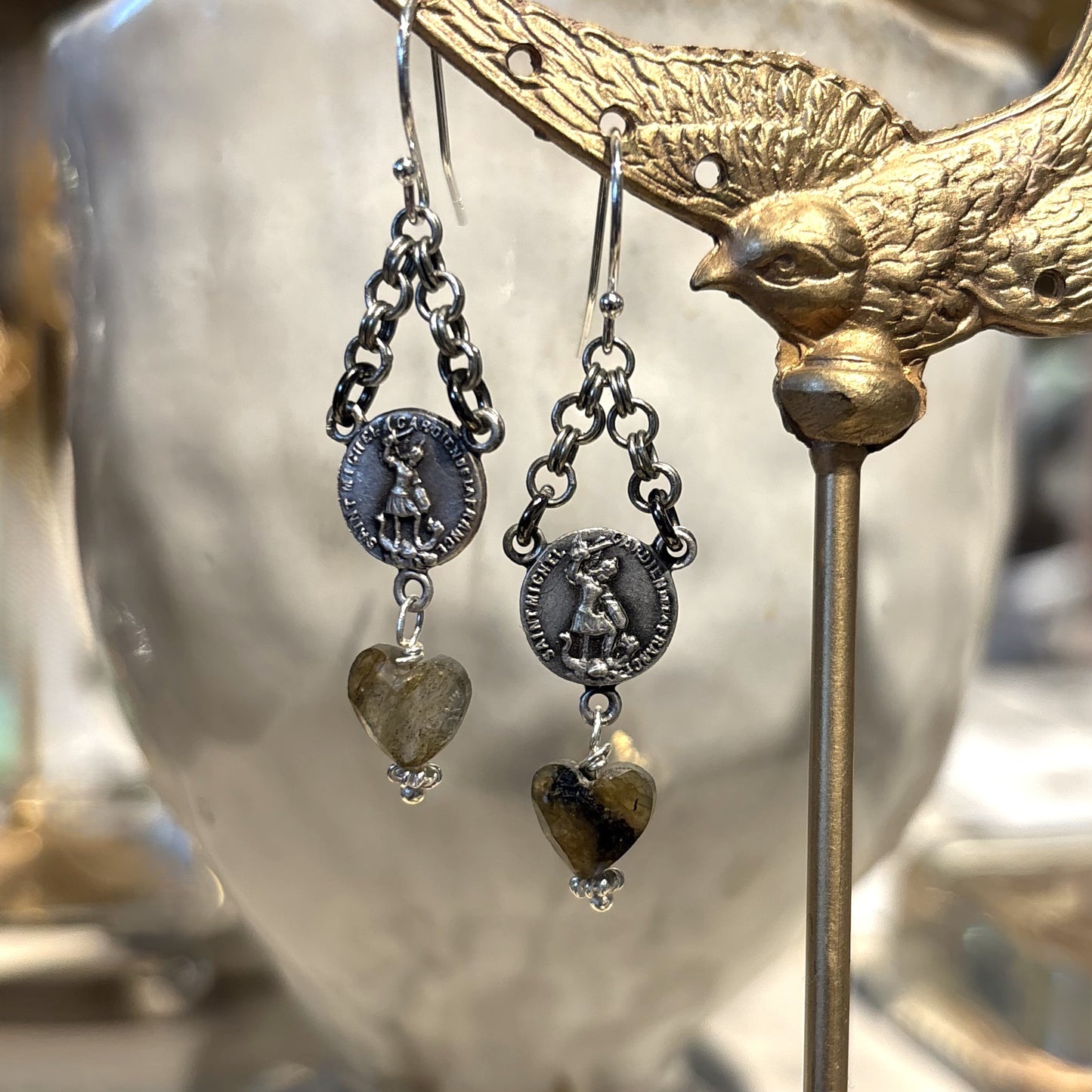 Labradorite Heart Drop Vintage Charm Earrings