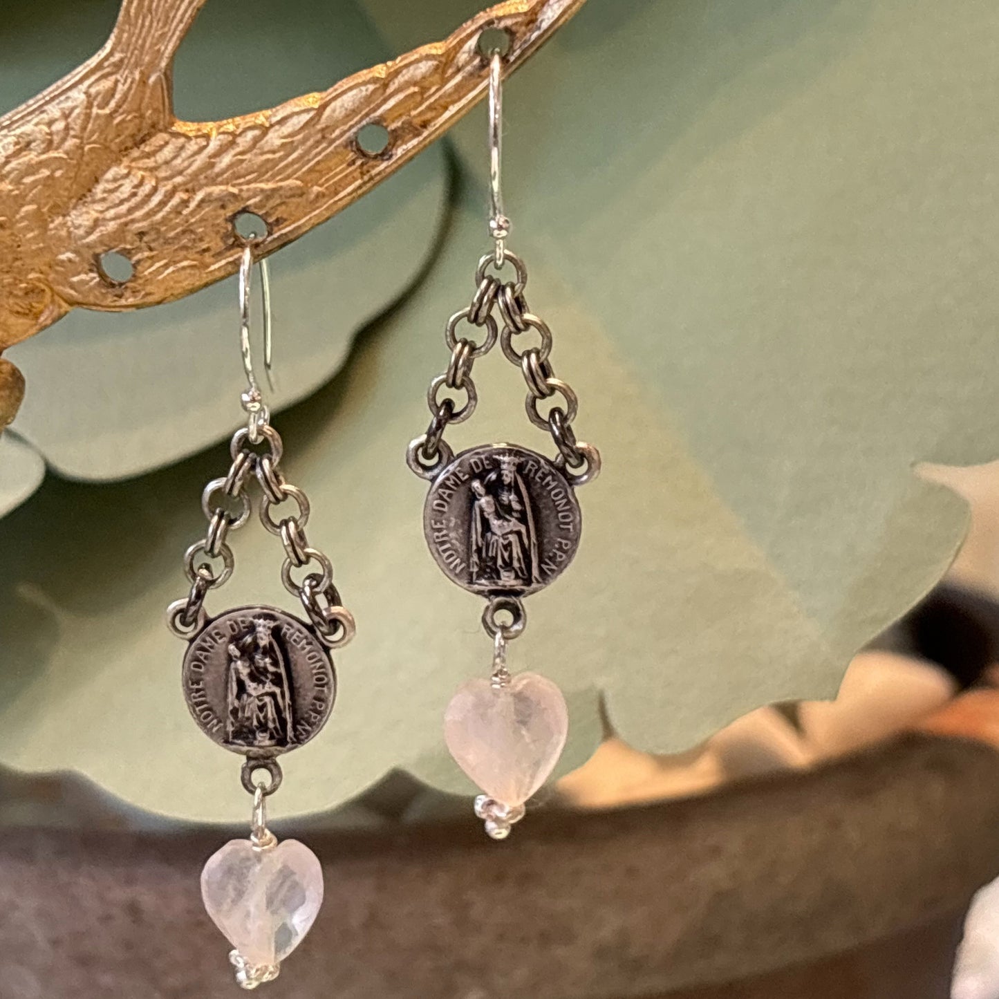 Rose Quartz Heart Drop Vintage Charm Earrings
