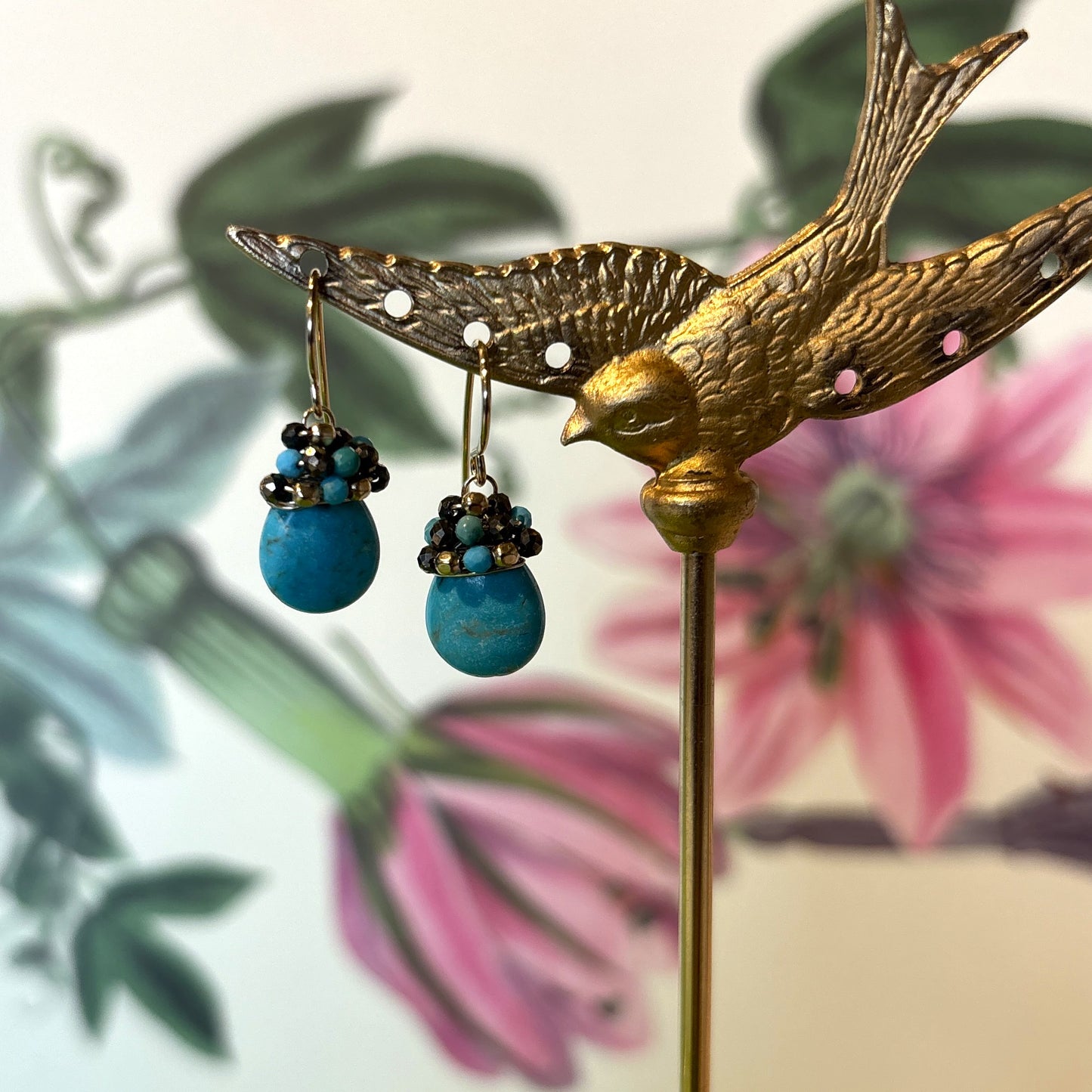 Turquoise Drop with Beaded Crown Earrings