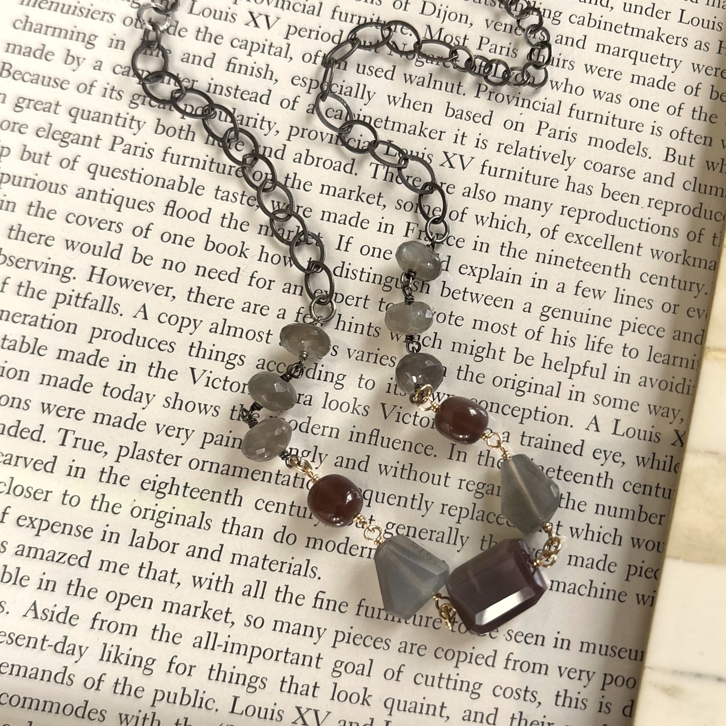 Chunky Moonstone with Oxidized Silver Chain Necklace