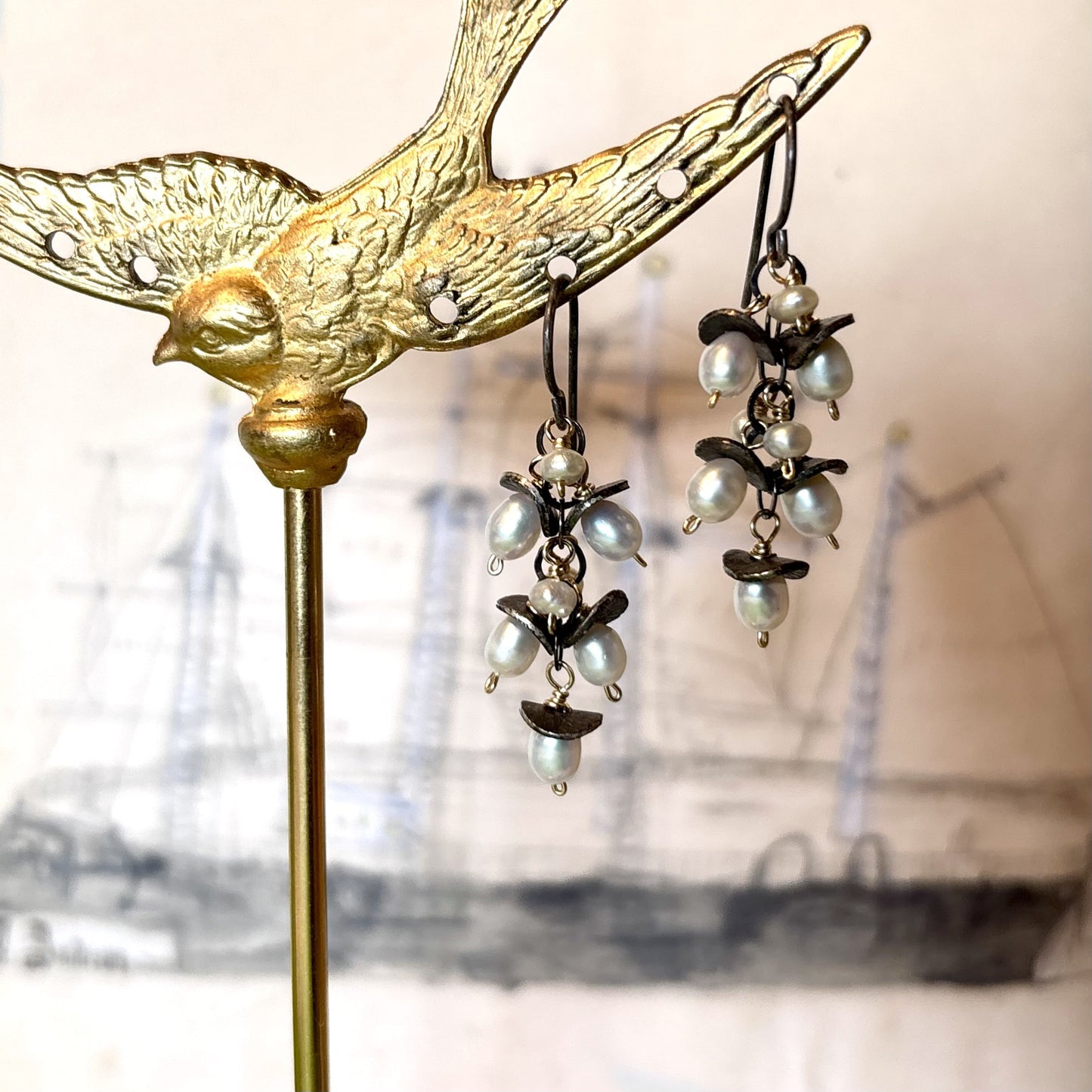 Oxidized Silver Chip & Pearl Cascade Earrings