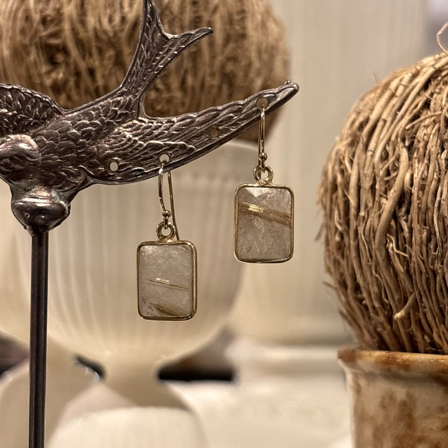 Short Rectangular Rutilated Quartz Earrings