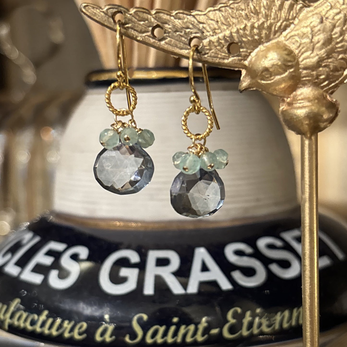Blue Topaz With Chalcedony Cluster Drop Earrings
