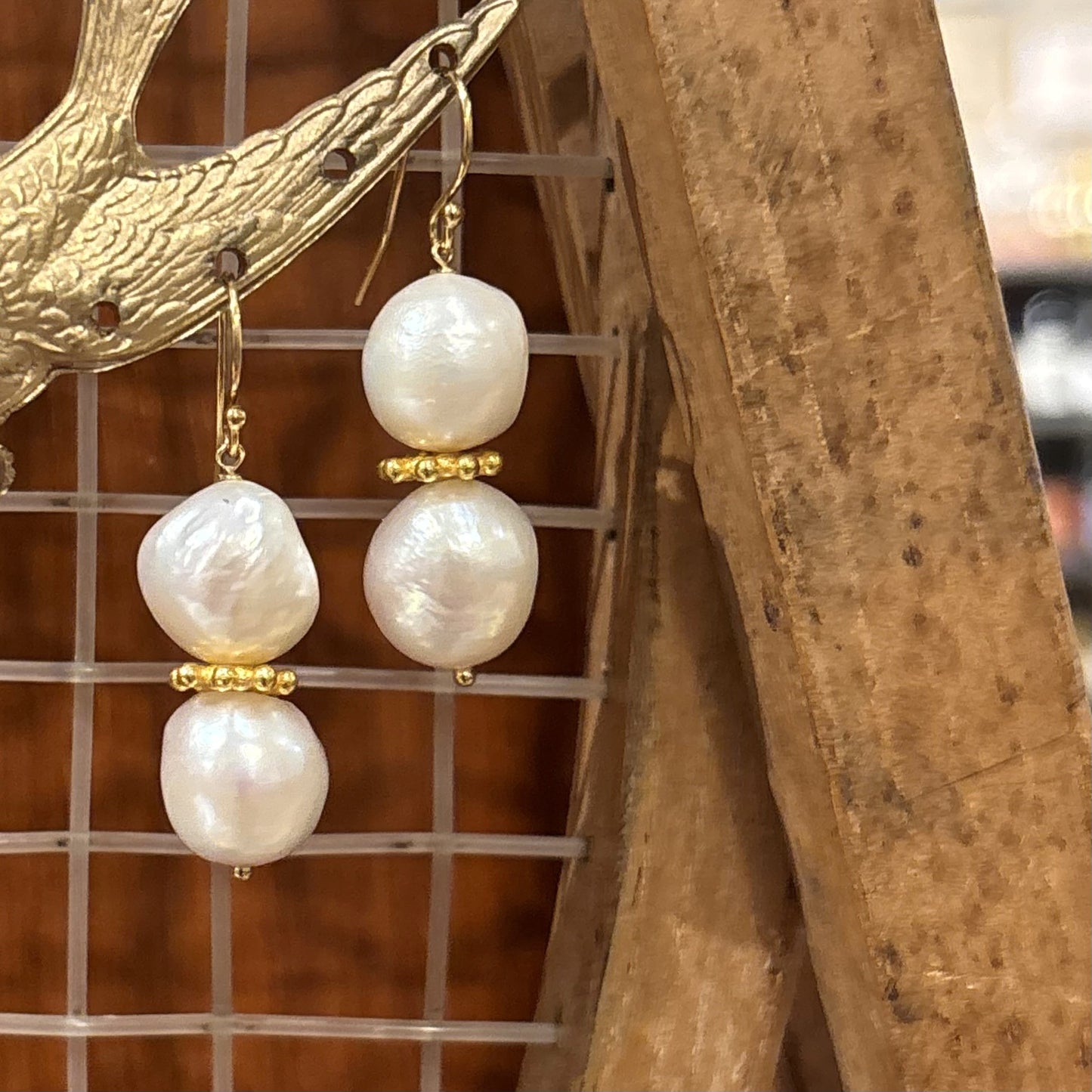 Double Pearl With Gold Starburst Drop Earrings