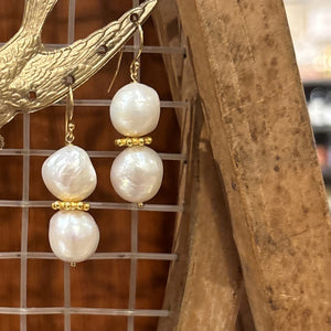 Double Pearl With Gold Starburst Drop Earrings
