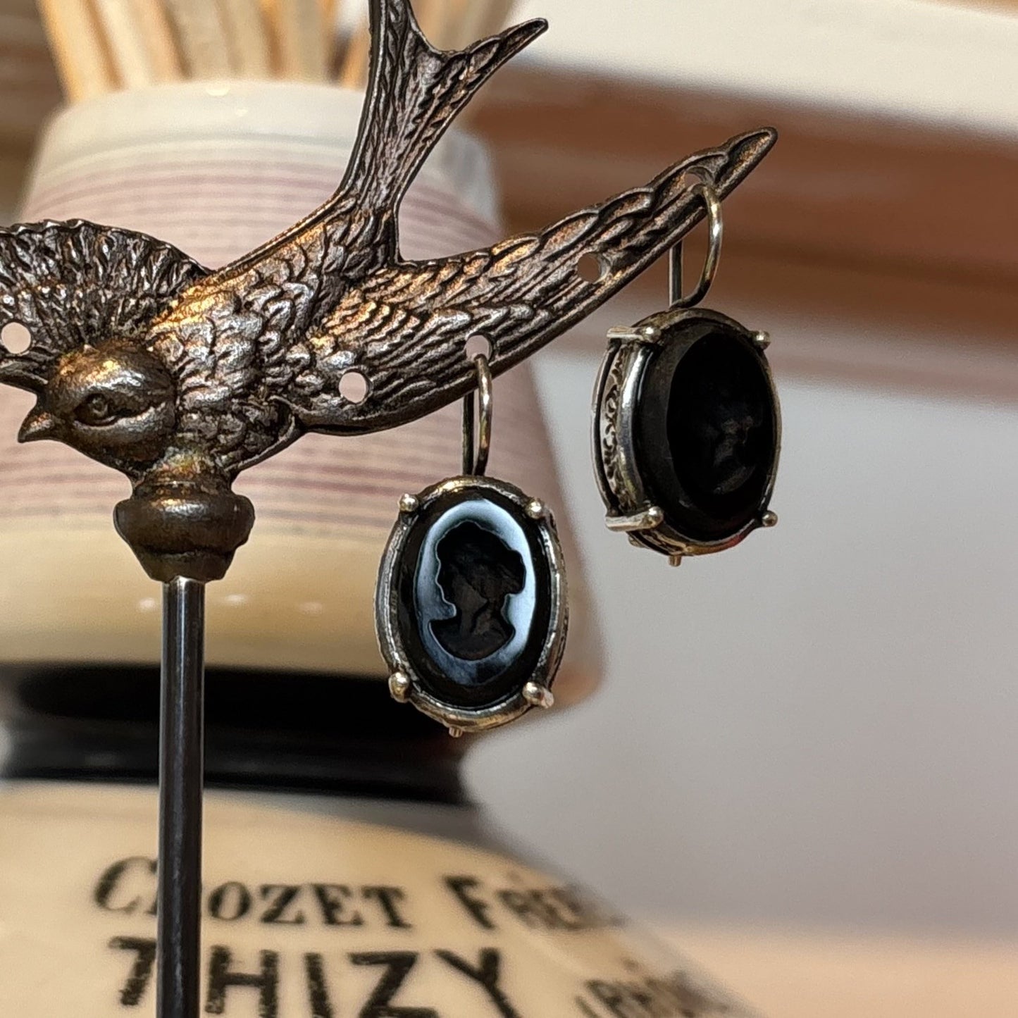 Black Intaglio & Silver Earrings
