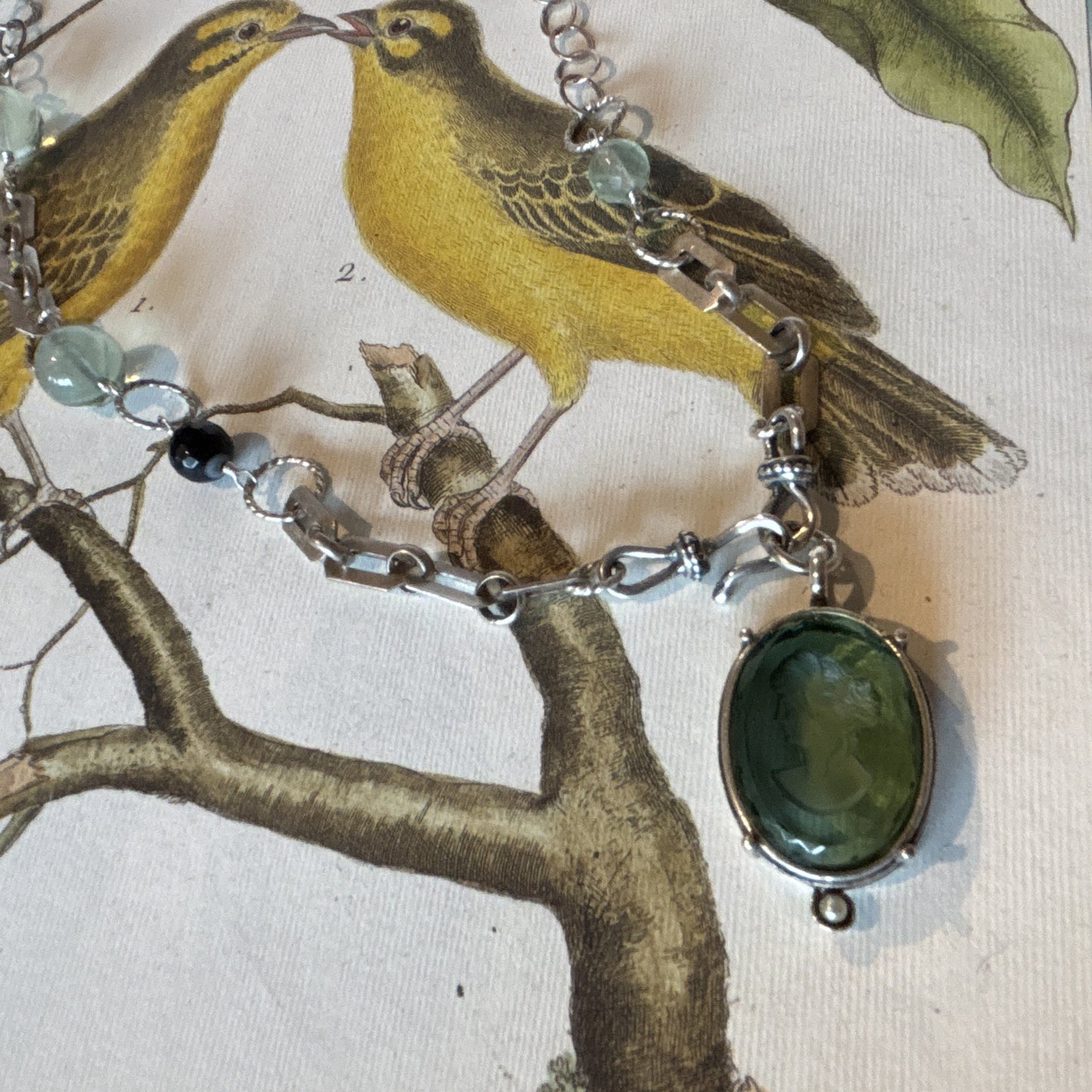 Tourmaline Intaglio & Pearl w Silver Beaded Chain Necklace