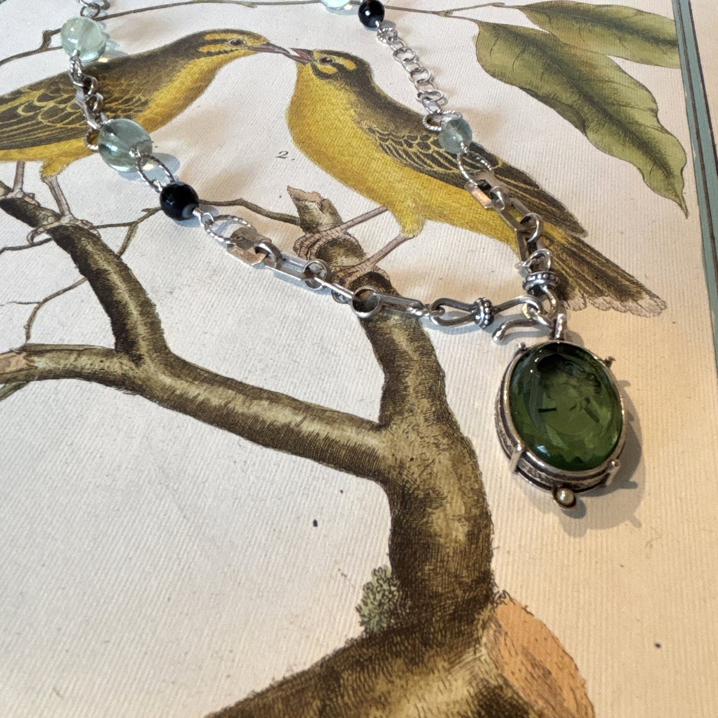 Tourmaline Intaglio & Pearl w Silver Beaded Chain Necklace