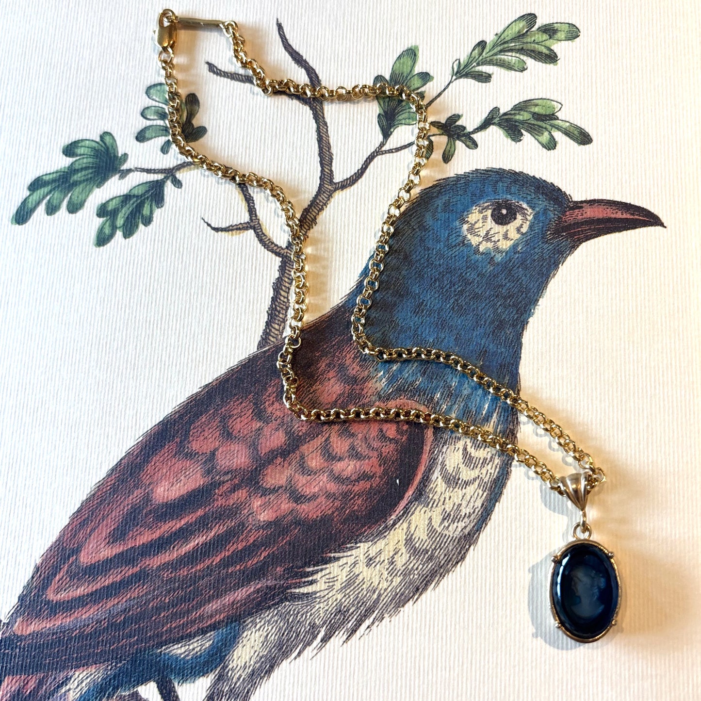 Deep Blue Oval Intaglio with Gold Chain Necklace