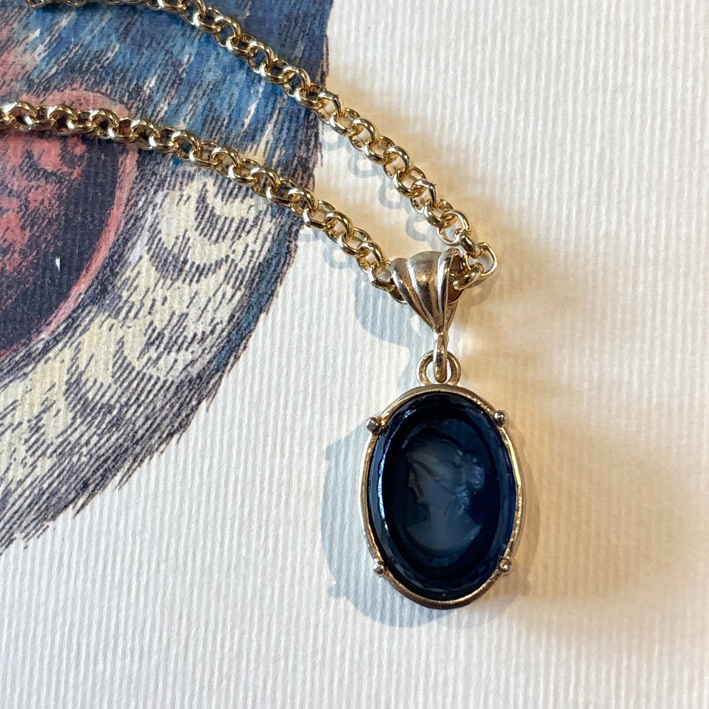 Deep Blue Oval Intaglio with Gold Chain Necklace