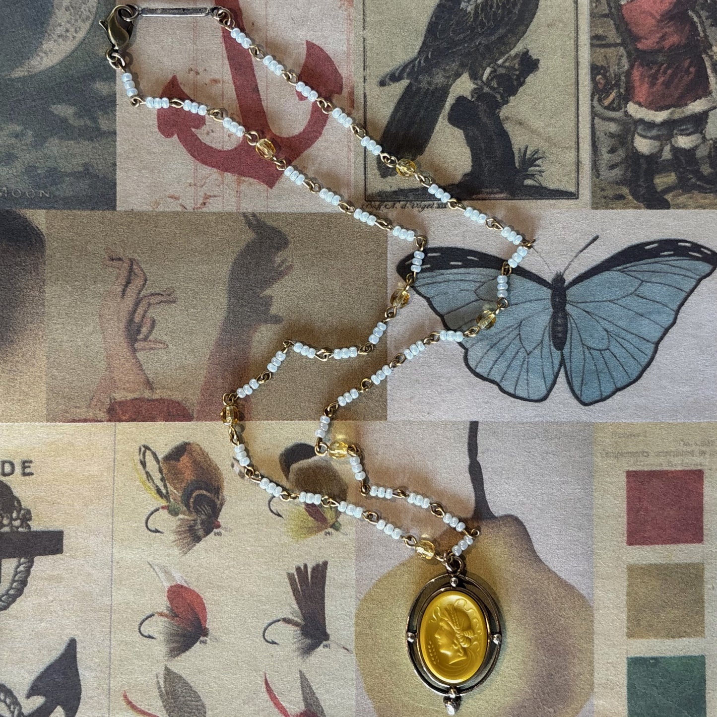 Ocher Cameo with Glass Bead Chain Necklace