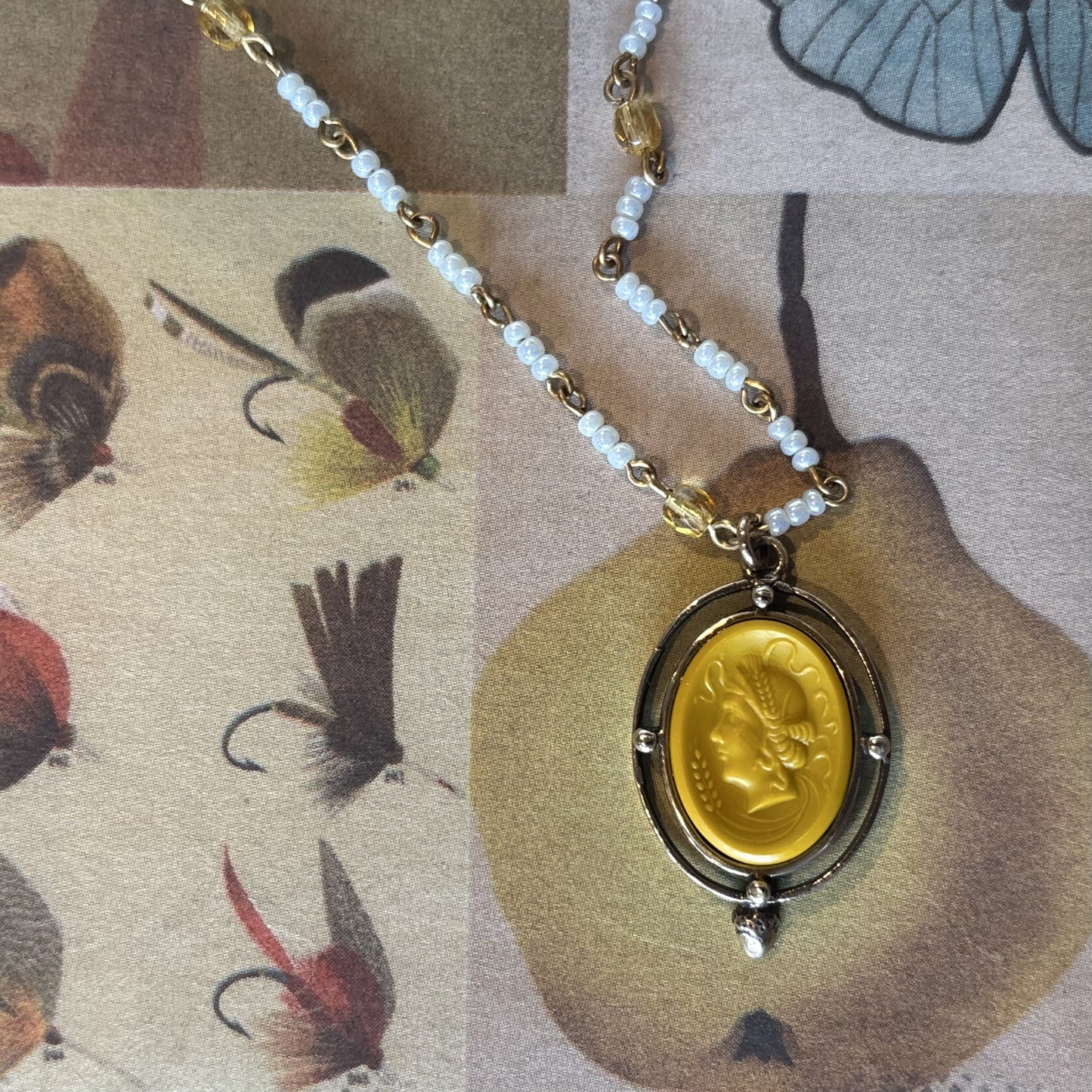 Ocher Cameo with Glass Bead Chain Necklace