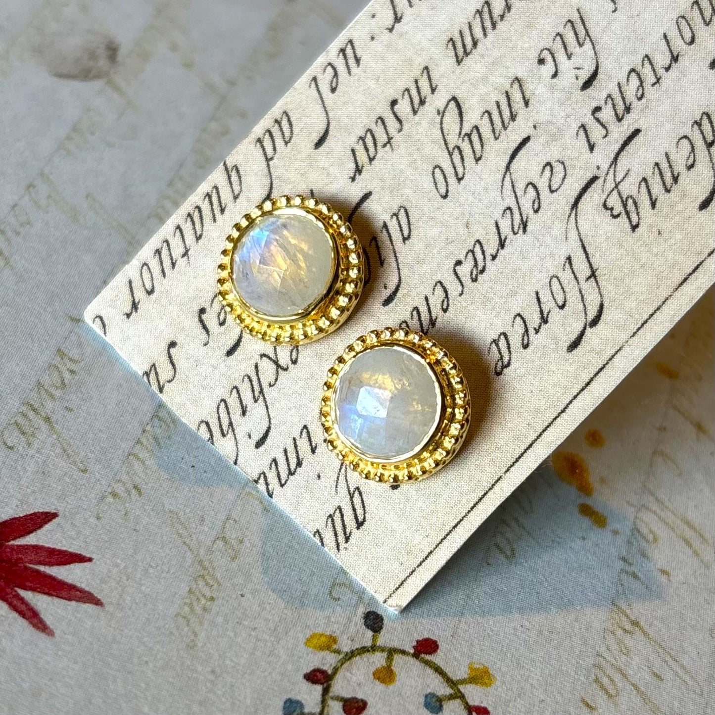 Round Rainbow Moonstone Stud Earrings