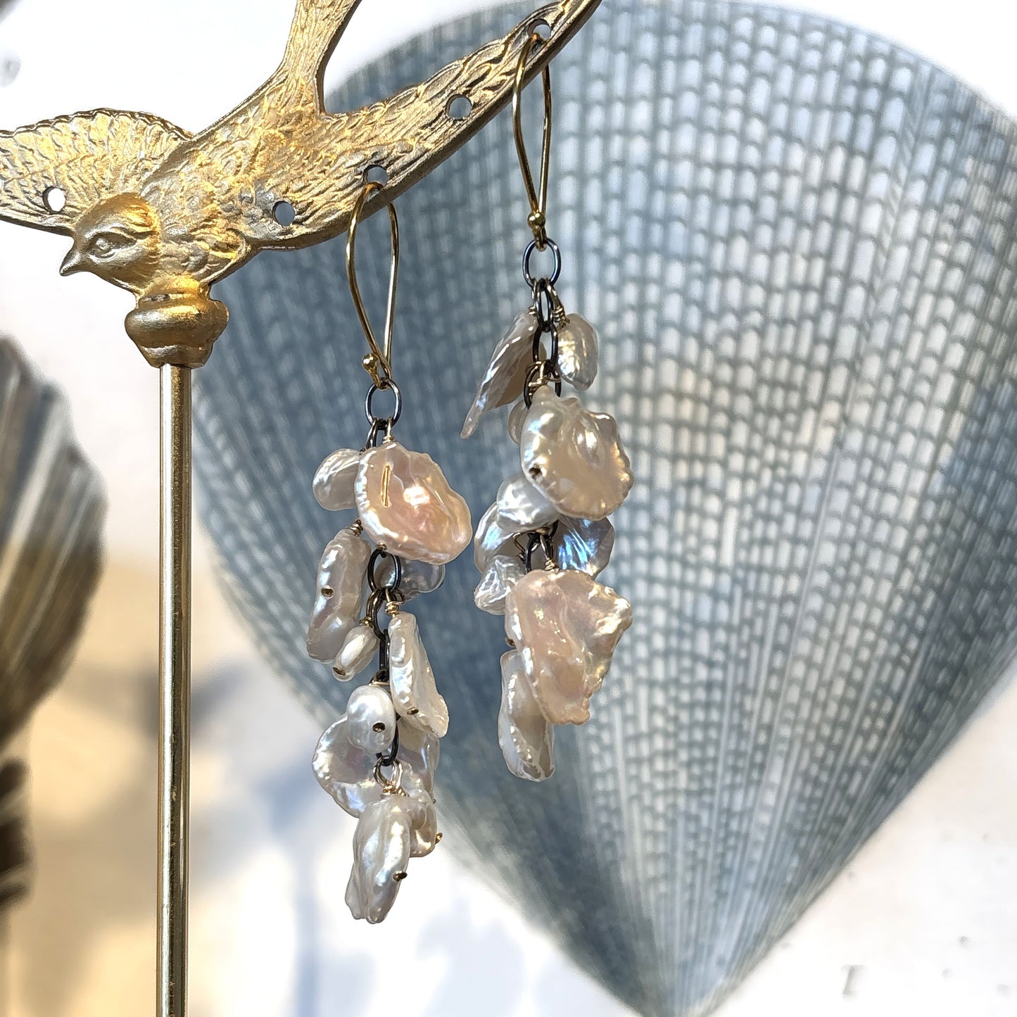 White Petal Pearl Oxidized Silver Cascade Earrings