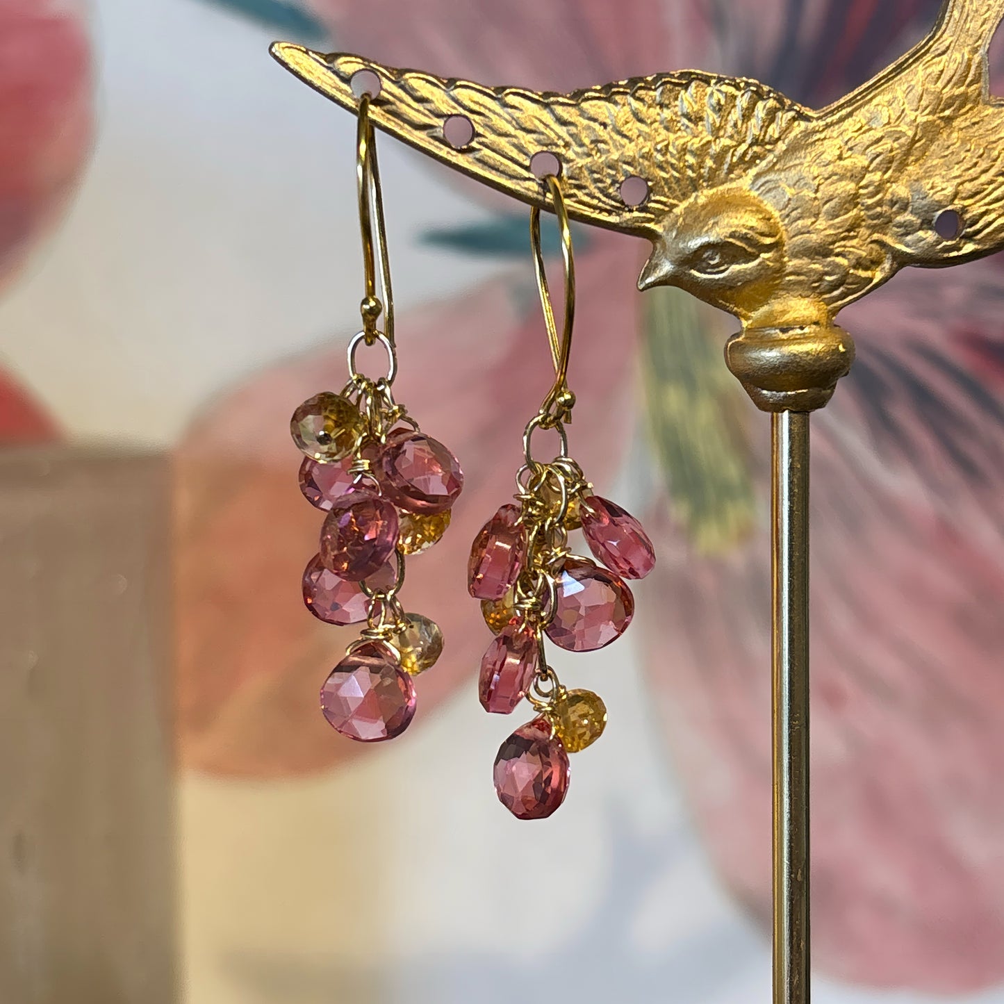 Pink Quartz & Citrine Gem Cluster Earrings