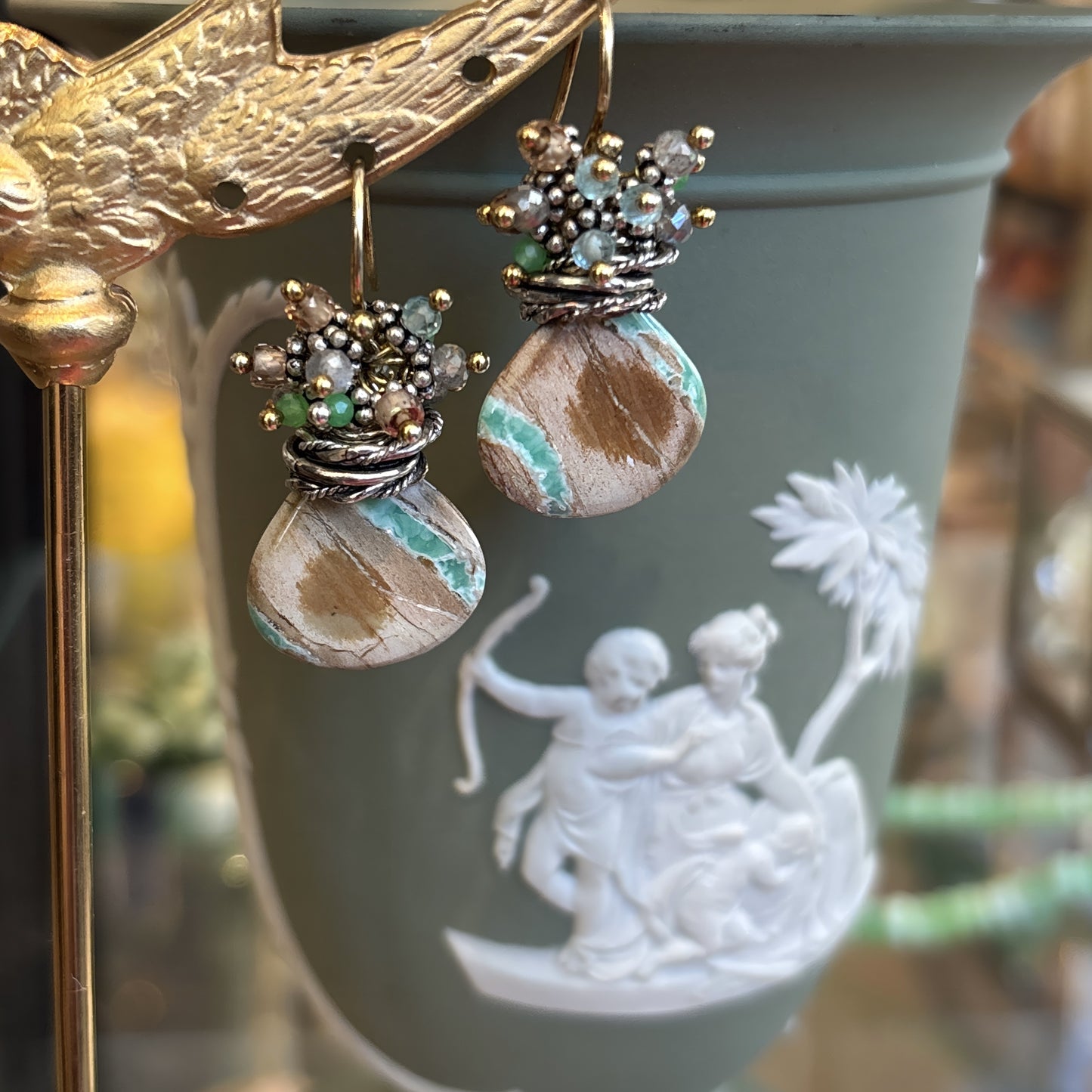 Variscite Drop with Mixed Gem Cluster Earrings